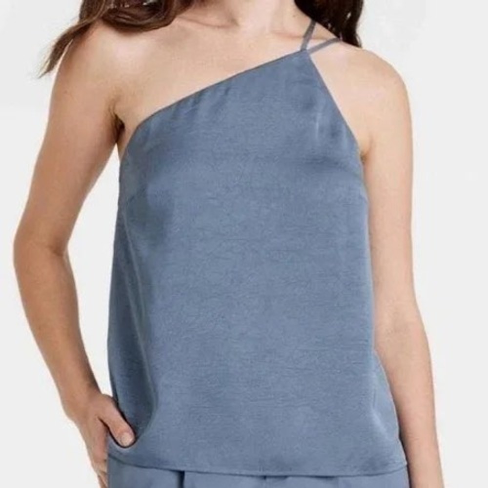 A New Day‎ Dark Blue One Shoulder Satin Tank Top Asymmetrical S NWT